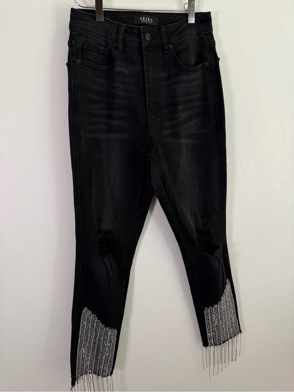 AKIRA Black Rhinestone Fringe Skinny Jeans High Rise Distressed W28 - Picture 5 of 15